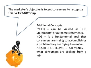 The marketer’s objective is to get consumers to recognize
this WANT-GOT Gap.

Additional Concepts:
•NEED – can be viewed as ‘JOB
Statements’ or outcome statements.
•JOB – is a fundamental goal that
consumers are trying to accomplish or
a problem they are trying to resolve.
•DESIRED OUTCOME STATEMENTS –
what consumers are seeking from a
job.

 