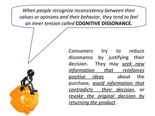 When people recognize inconsistency between their
values or opinions and their behavior, they tend to feel
an inner tension called COGNITIVE DISSONANCE.

Consumers
try
to
reduce
dissonance by justifying their
decision. They may seek new
information
that
reinforces
positive ideas
about the
purchase, avoid information that
contradicts
their decision, or
revoke the original decision by
returning the product .

 