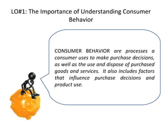 LO#1: The Importance of Understanding Consumer
Behavior

CONSUMER BEHAVIOR are processes a
consumer uses to make purchase decisions,
as well as the use and dispose of purchased
goods and services. It also includes factors
that influence purchase decisions and
product use.

 