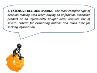3. EXTENSIVE DECISION MAKING the most complex type of
decision making used when buying an unfamiliar, expensive
product or an infrequently bought item; requires use of
several criteria for evaluating options and much time for
seeking information.

 