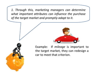 1. Through this, marketing managers can determine
what important attributes can influence the purchase
of the target market and promptly adapt to it.

Example: If mileage is important to
the target market, they can redesign a
car to meet that criterion.

 