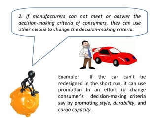 2. If manufacturers can not meet or answer the
decision-making criteria of consumers, they can use
other means to change the decision-making criteria.

Example:
If the car can’t be
redesigned in the short run, it can use
promotion in an effort to change
consumer’s decision-making criteria
say by promoting style, durability, and
cargo capacity.

 