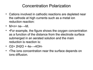 Concentration Polarization
• Cations involved in cathodic reactions are depleted near
the cathode at high currents such as a metal ion
reduction reaction:
• M+n+ ne-→M.
• •For example, the figure shows the oxygen concentration
as a function of the distance from the electrode surface
submerged in an aerated solution and the main
reduction is reaction is:
• O2+ 2H2O + 4e-→4OH-
• •The ions concentration near the surface depends on
ions diffusion.
 