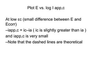 Plot E vs. log I app,c
At low εc (small difference between E and
Ecorr)
–iapp,c = ic–ia ( ic is slightly greater than ia )
and iapp,c is very small
–Note that the dashed lines are theoretical
 