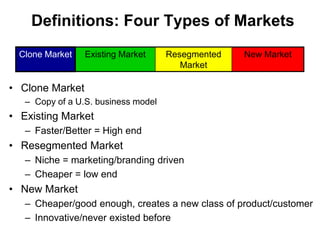 Market Type – Resementing Existing
• Low cost provider (Southwest)
• Unique niche via positioning (Whole Foods)

• What fa...