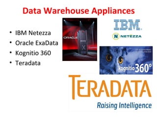 Data Warehouse Appliances
• IBM Netezza
• Oracle ExaData
• Kognitio 360
• Teradata
 