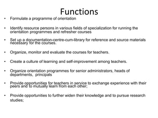 Functions
• Formulate a programme of orientation
• Identify resource persons in various fields of specialization for running the
orientation programmes and refresher courses
• Set up a documentation-centre-cum-library for reference and source materials
necessary for the courses.
• Organize, monitor and evaluate the courses for teachers.
• Create a culture of learning and self-improvement among teachers.
• Organize orientation programmes for senior administrators, heads of
departments, principals
• Provide opportunities for teachers in service to exchange experience with their
peers and to mutually learn from each other;
• Provide opportunities to further widen their knowledge and to pursue research
studies;
 