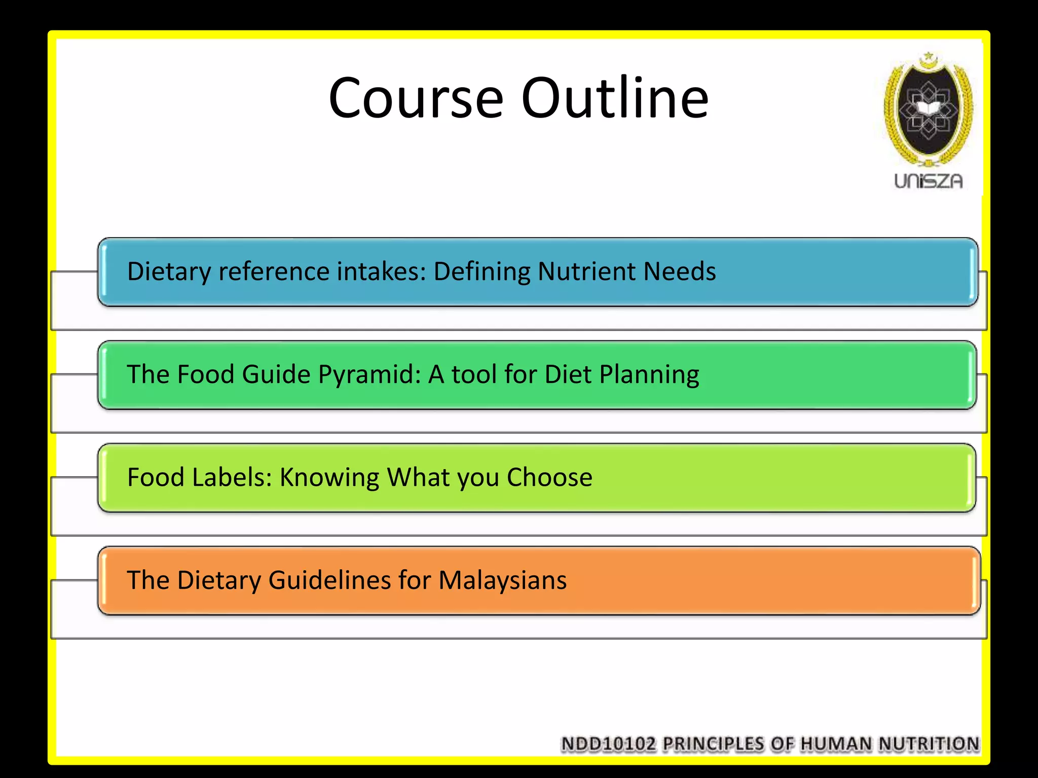 Course Outline
Dietary reference intakes: Defining Nutrient Needs
The Food Guide Pyramid: A tool for Diet Planning
Food Labels: Knowing What you Choose
The Dietary Guidelines for Malaysians
 