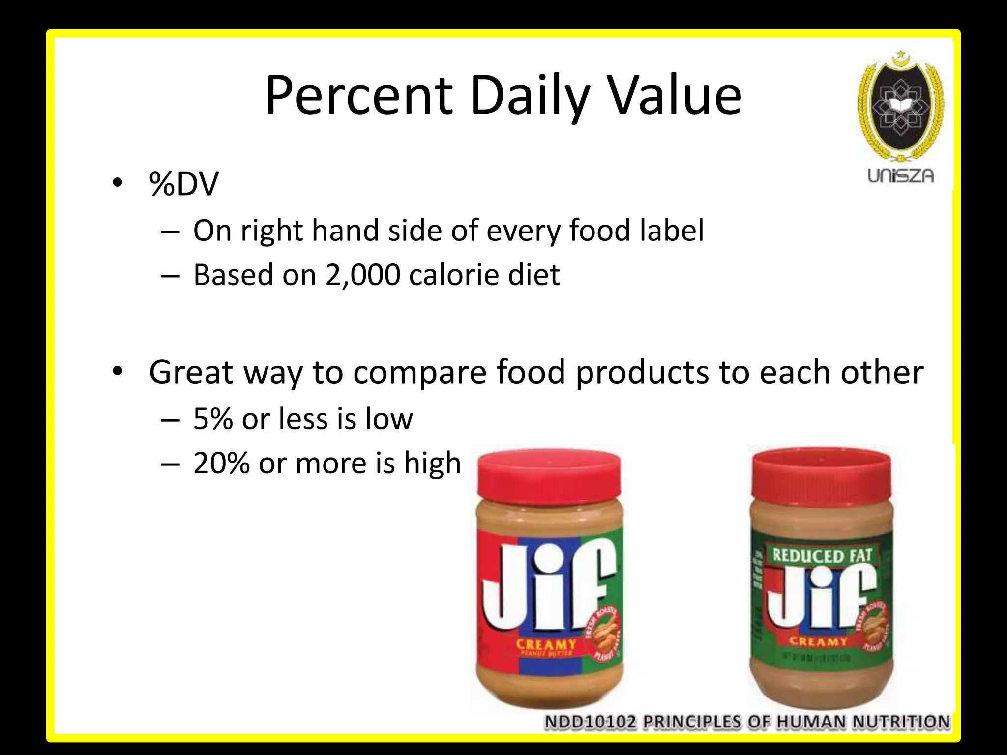 Percent Daily Value
• %DV
– On right hand side of every food label
– Based on 2,000 calorie diet
• Great way to compare food products to each other
– 5% or less is low
– 20% or more is high
 