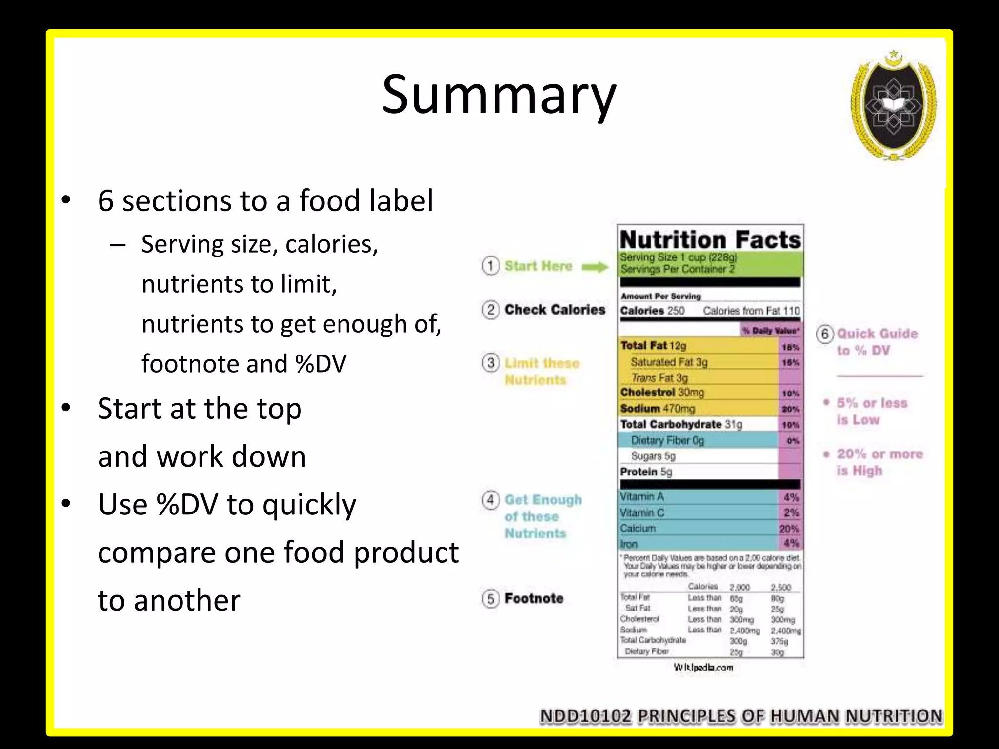 Summary
• 6 sections to a food label
– Serving size, calories,
nutrients to limit,
nutrients to get enough of,
footnote and %DV
• Start at the top
and work down
• Use %DV to quickly
compare one food product
to another
 
