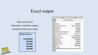 Excel output
Microsoft Excel
descriptive statistics output,
using the house price data:
House Prices:
$2,000,000
500,000
300,000
100,000
100,000
 