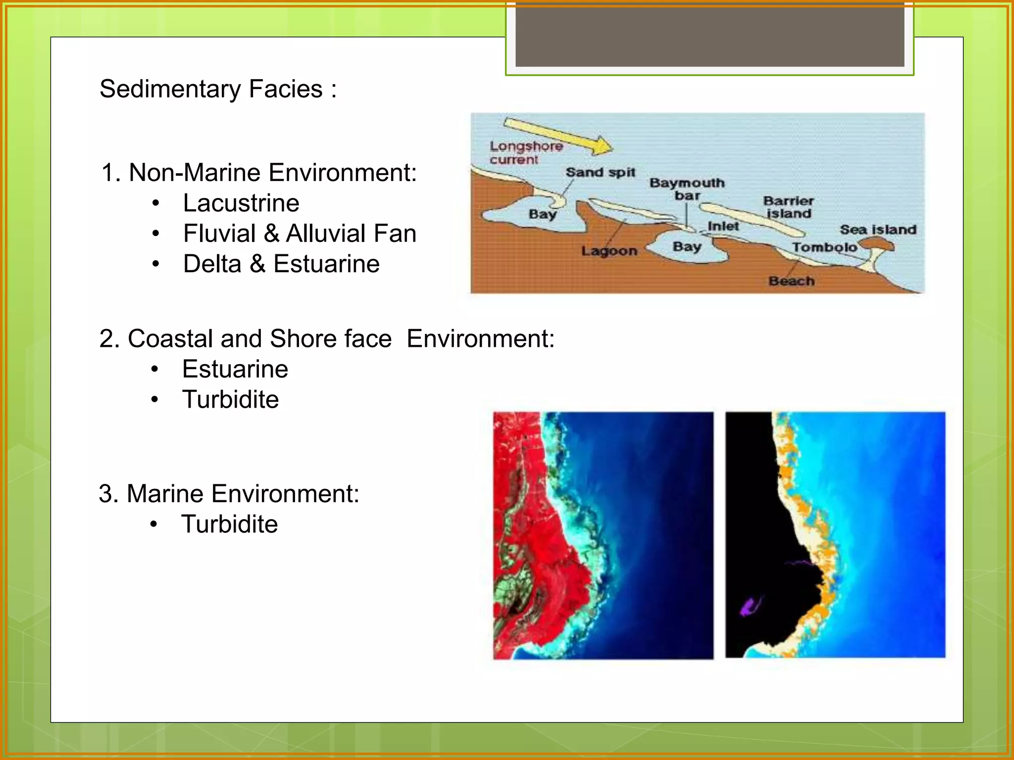 Sedimentary Facies : 
1. Non-Marine Environment: 
• Lacustrine 
• Fluvial & Alluvial Fan 
• Delta & Estuarine 
2. Coastal and Shore face Environment: 
• Estuarine 
• Turbidite 
3. Marine Environment: 
• Turbidite 
 