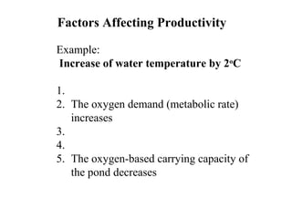Factors Affecting Productivity 
Example: 
Increase of water temperature by 2oC 
1. 
2. The oxygen demand (metabolic rate) 
increases 
3. 
4. 
5. The oxygen-based carrying capacity of 
the pond decreases 
 