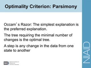 Occam’s Razor: The simplest explanation is
the preferred explanation.
The tree requiring the minimal number of
changes is the optimal tree.
A step is any change in the data from one
state to another
Optimality Criterion: Parsimony
 
