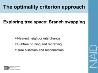 •Nearest neighbor interchange
•Subtree pruning and regrafting
•Tree bisection and reconnection
Exploring tree space: Branch swapping
The optimality criterion approach
 