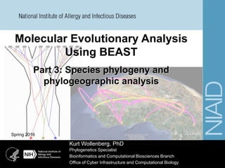 Spring 2016
Kurt Wollenberg, PhD
Phylogenetics Specialist
Bioinformatics and Computational Biosciences Branch
Office of Cyber Infrastructure and Computational Biology
Molecular Evolutionary Analysis
Using BEAST
Part 3: Species phylogeny and
phylogeographic analysis
 