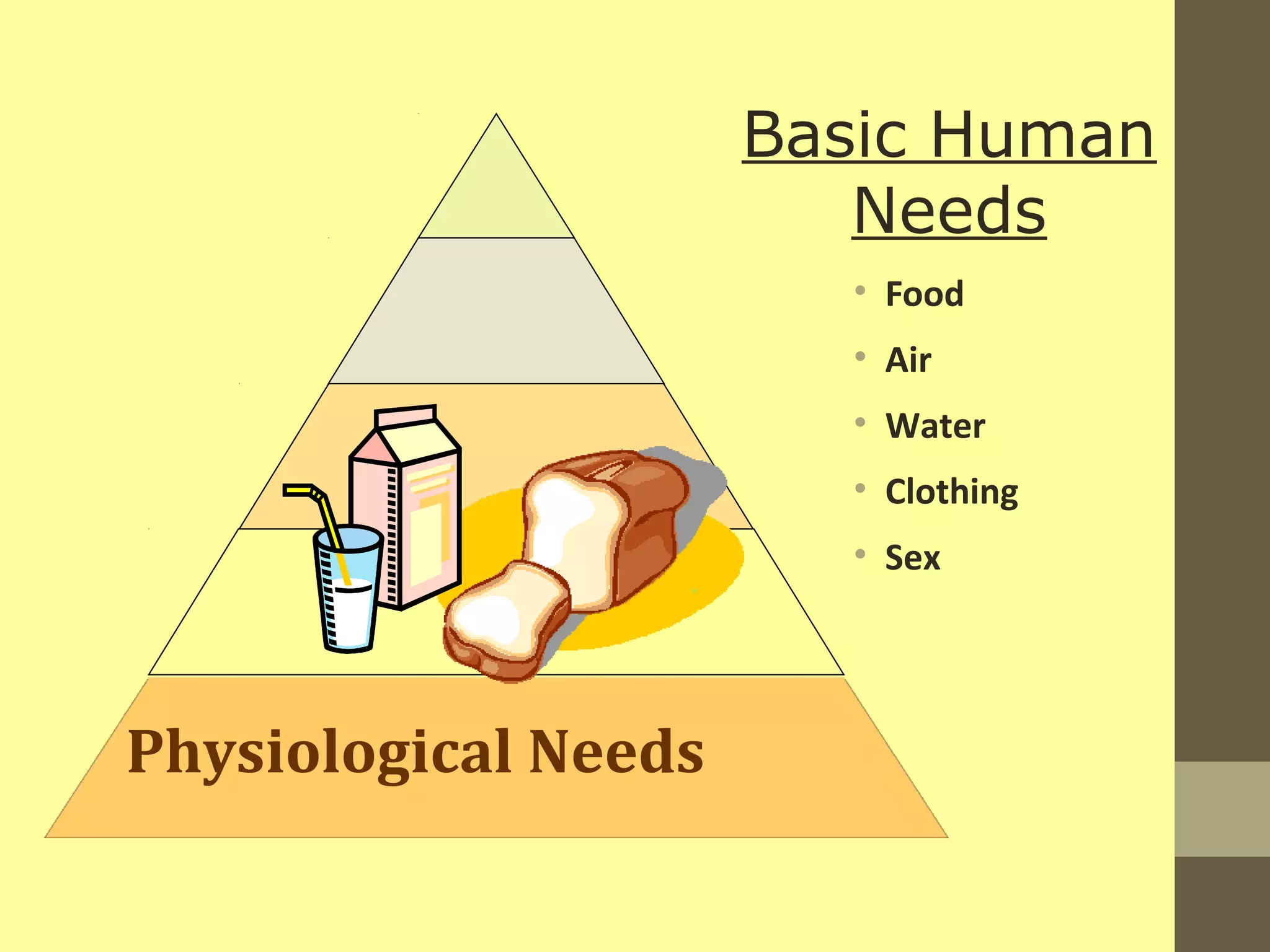 Physiological Needs 
Basic Human 
Needs 
• Food 
• Air 
• Water 
• Clothing 
• Sex 
 