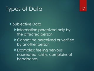 17
Types of Data
 Subjective Data
Information perceived only by
the affected person
Cannot be perceived or verified
by another person
Examples: feeling nervous,
nauseated, chilly, complains of
headaches
 