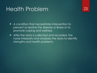 25
Health Problem
 A condition that necessitates intervention to
prevent or resolve the disease or illness or to
promote coping and wellness
 After the data is collected and recorded, the
nurse interprets and analyzes the data to identify
strengths and health problems
 