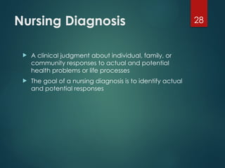 28
Nursing Diagnosis
 A clinical judgment about individual, family, or
community responses to actual and potential
health problems or life processes
 The goal of a nursing diagnosis is to identify actual
and potential responses
 