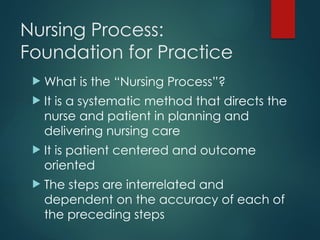Nursing Process:
Foundation for Practice
 What is the “Nursing Process”?
 It is a systematic method that directs the
nurse and patient in planning and
delivering nursing care
 It is patient centered and outcome
oriented
 The steps are interrelated and
dependent on the accuracy of each of
the preceding steps
 