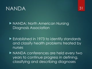 31
NANDA
 NANDA: North American Nursing
Diagnosis Association
 Established in 1973 to identify standards
and classify health problems treated by
nurses
 NANDA conferences are held every two
years to continue progress in defining,
classifying and describing diagnoses
 