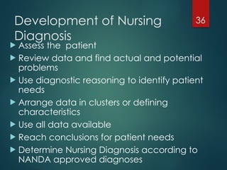36
Development of Nursing
Diagnosis
 Assess the patient
 Review data and find actual and potential
problems
 Use diagnostic reasoning to identify patient
needs
 Arrange data in clusters or defining
characteristics
 Use all data available
 Reach conclusions for patient needs
 Determine Nursing Diagnosis according to
NANDA approved diagnoses
 