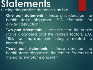 Statements
Nursing diagnostic statements can be;
• One part statements - these only describe the
health status diagnosed. E.G. “Potential for
airway obstruction”
• Two part statements – these describe the health
status diagnosed and the related factors. E.G.
“Risk for impaired skin integrity related to
immobility”
• Three part statements – these describe the
health status diagnosed, the related factors and
the signs/ symptoms present.”
 