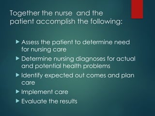 Together the nurse and the
patient accomplish the following:
 Assess the patient to determine need
for nursing care
 Determine nursing diagnoses for actual
and potential health problems
 Identify expected out comes and plan
care
 Implement care
 Evaluate the results
 
