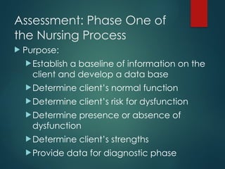 Assessment: Phase One of
the Nursing Process
 Purpose:
Establish a baseline of information on the
client and develop a data base
Determine client’s normal function
Determine client’s risk for dysfunction
Determine presence or absence of
dysfunction
Determine client’s strengths
Provide data for diagnostic phase
 