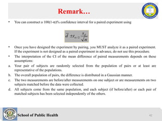 School of Public Health
• You can construct a 100(1-a)% confidence interval for a paired experiment using
• Once you have designed the experiment by pairing, you MUST analyze it as a paired experiment.
If the experiment is not designed as a paired experiment in advance, do not use this procedure.
• The interpretation of the CI of the mean difference of paired measurements depends on these
assumptions:
a. Your pair of subjects are randomly selected from the population of pairs or at least are
representative of the populations.
b. The overall population of pairs, the difference is distributed in a Gaussian manner.
c. The two measurements are before/after measurements on one subject or are measurements on two
subjects matched before the data were collected.
d. All subjects come from the same population, and each subject (if before/after) or each pair of
matched subjects has been selected independently of the others.
Remark…
n
s
t
d d
2
/


42
 