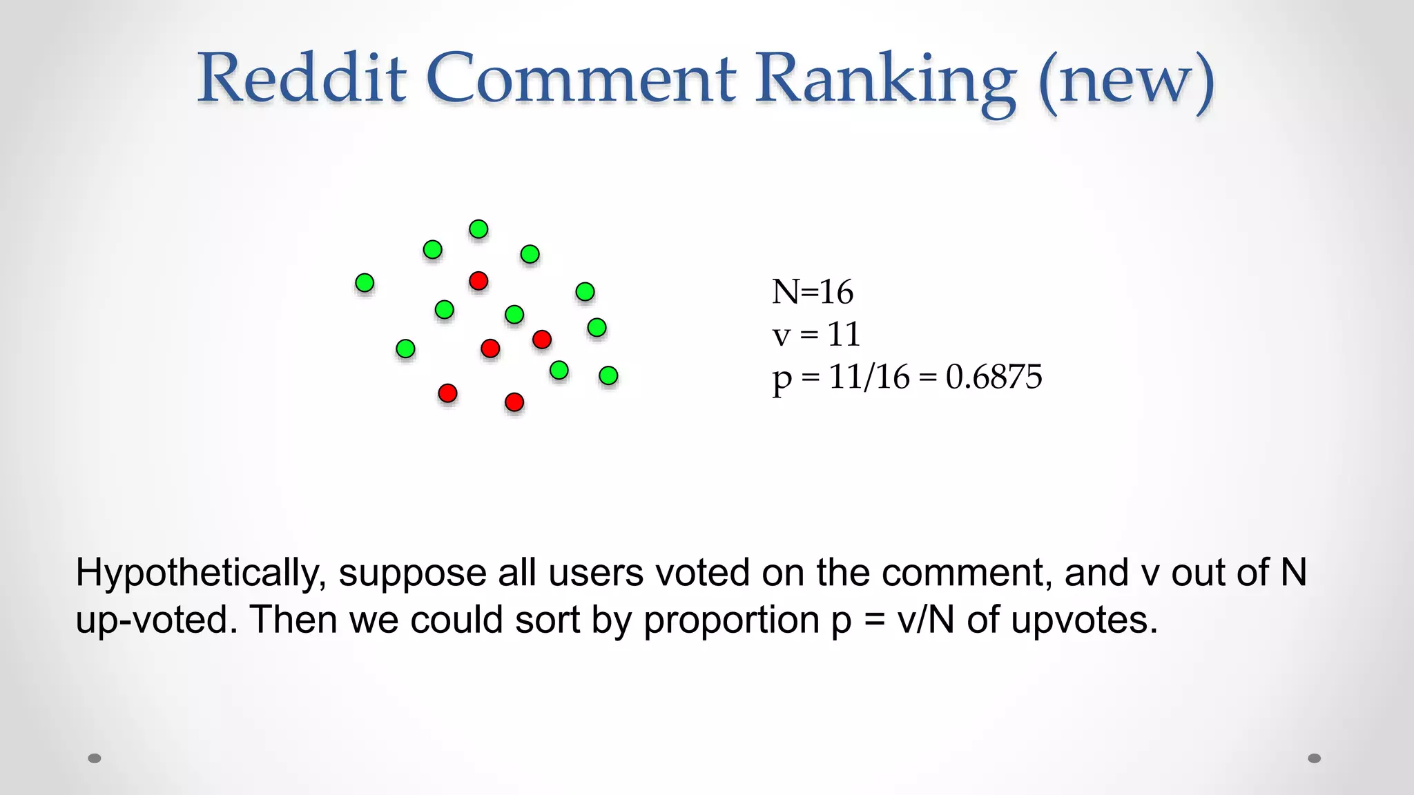 Reddit Comment Ranking (new)
Hypothetically, suppose all users voted on the comment, and v out of N
up-voted. Then we could sort by proportion p = v/N of upvotes.
N=16
v = 11
p = 11/16 = 0.6875
 