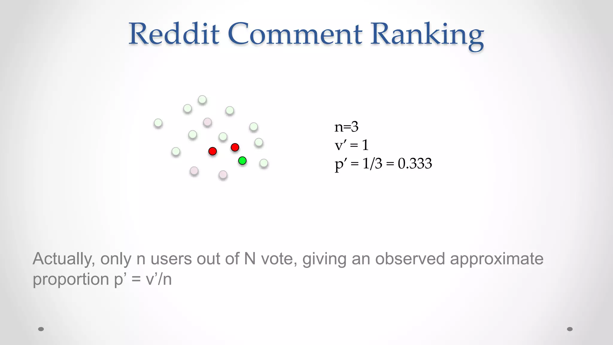 Reddit Comment Ranking
Actually, only n users out of N vote, giving an observed approximate
proportion p’ = v’/n
n=3
v’ = 1
p’ = 1/3 = 0.333
 