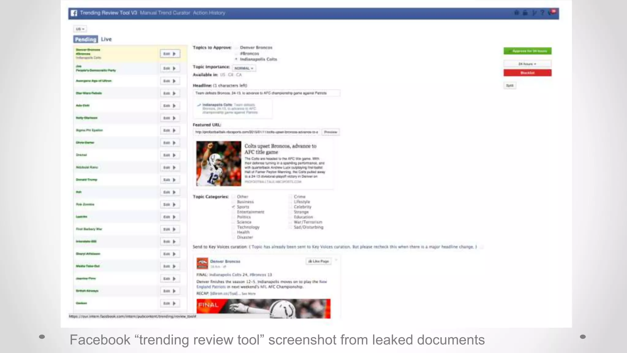 Facebook “trending review tool” screenshot from leaked documents
 