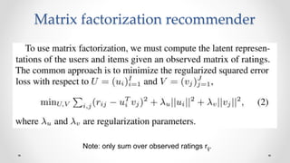 Matrix factorization recommender
Note: only sum over observed ratings rij.
 