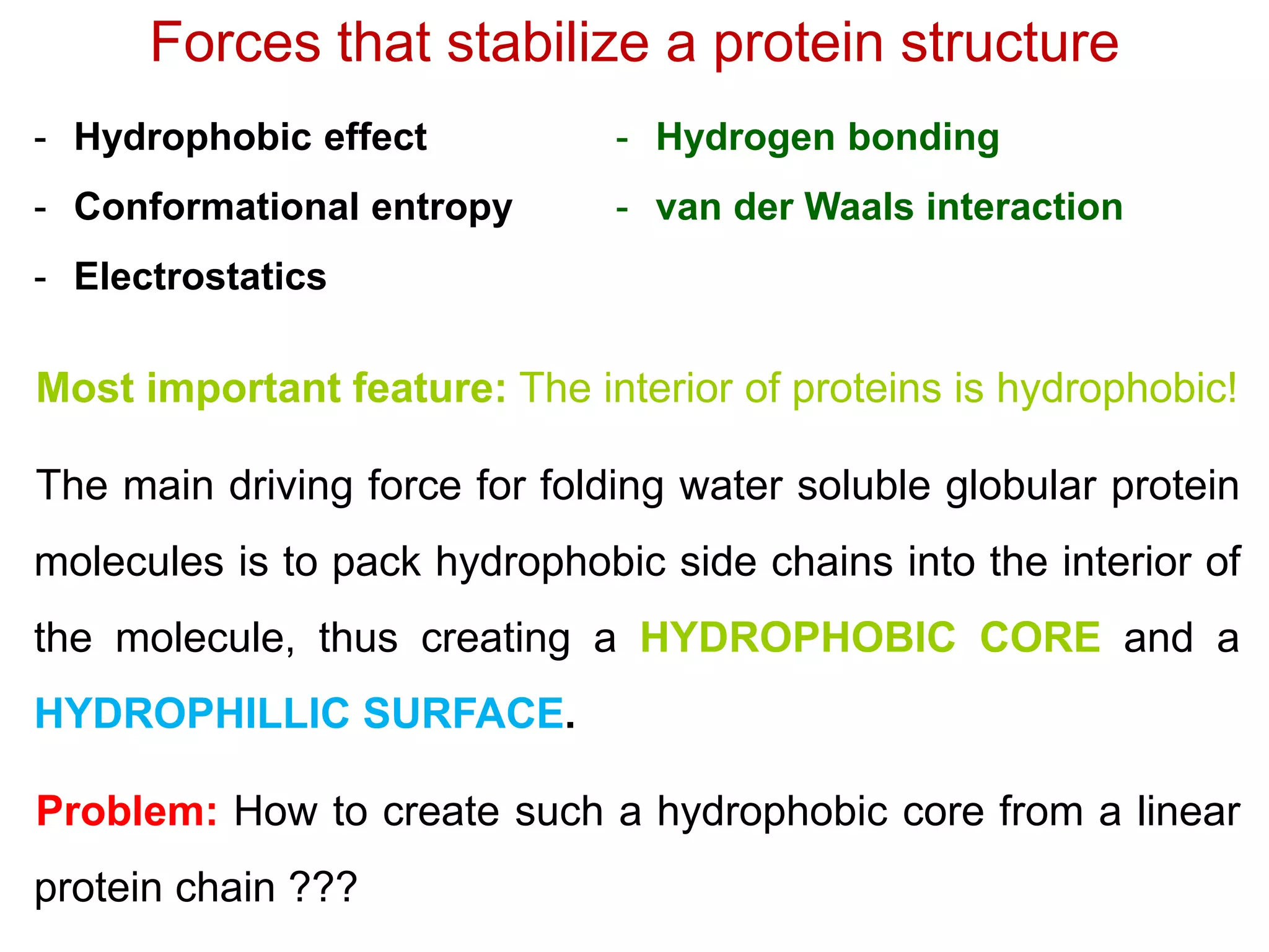 Most important feature: The interior of proteins is hydrophobic!
The main driving force for folding water soluble globular protein
molecules is to pack hydrophobic side chains into the interior of
the molecule, thus creating a HYDROPHOBIC CORE and a
HYDROPHILLIC SURFACE.
Problem: How to create such a hydrophobic core from a linear
protein chain ???
- Hydrophobic effect
- Conformational entropy
- Electrostatics
- Hydrogen bonding
- van der Waals interaction
Forces that stabilize a protein structure
 