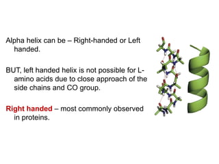 Alpha helix can be – Right-handed or Left
handed.
BUT, left handed helix is not possible for L-
amino acids due to close approach of the
side chains and CO group.
Right handed – most commonly observed
in proteins.
 