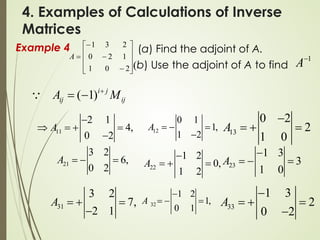4. Examples of Calculations of Inverse
Matrices
Example 4
1
−
A










−
−
−
=
2
0
1
1
2
0
2
3
1
A
(a) Find the adjoint of A.
(b) Use the adjoint of A to find
11
2 1
4,
0 2
A
−
⇒ =
+ =
−
12
0 1
1,
1 2
A =
− =
− 13
0 2
2
1 0
A
−
=
+ =
( 1)i j
ij ij
A M
+
= −

21
3 2
6,
0 2
A =
− =
22
1 2
0,
1 2
A
−
=
+ =
23
1 3
3
1 0
A
−
=
− =
31
3 2
7,
2 1
A =
+ =
−
32
1 2
1,
0 1
A
−
=
− =
33
1 3
2
0 2
A
−
=
+ =
−
 