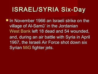 ISRAEL/SYRIA Six-DayISRAEL/SYRIA Six-Day
 In November 1966 an Israeli strike on theIn November 1966 an Israeli strike on the
village of Al-Samūʿ in the Jordanianvillage of Al-Samūʿ in the Jordanian
West BankWest Bank left 18 dead and 54 wounded,left 18 dead and 54 wounded,
and, during an air battle with Syria in Apriland, during an air battle with Syria in April
1967, the Israeli Air Force shot down six1967, the Israeli Air Force shot down six
SyrianSyrian MiGMiG fighter jets.fighter jets.
 