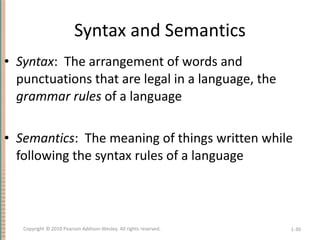 Syntax and Semantics <ul><li>Syntax :  The arrangement of words and punctuations that are legal in a language, the  gramma...
