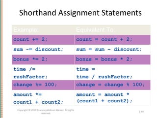 Shorthand Assignment Statements 1- Copyright © 2010 Pearson Addison-Wesley. All rights reserved. Example: Equivalent To: c...