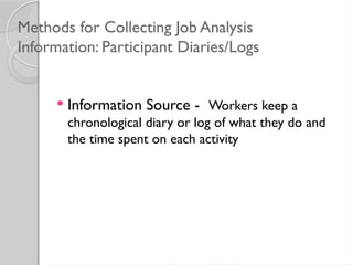 Methods for Collecting Job Analysis
Information: Participant Diaries/Logs
 Information Source - Workers keep a
chronological diary or log of what they do and
the time spent on each activity
 