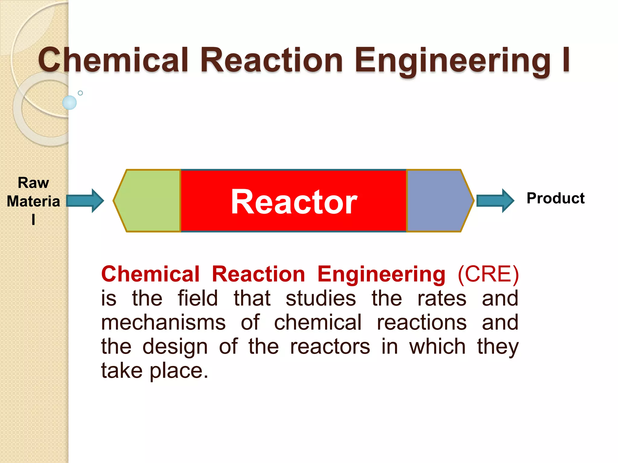 Chemical Reaction Engineering I
Chemical Reaction Engineering (CRE)
is the field that studies the rates and
mechanisms of chemical reactions and
the design of the reactors in which they
take place.
Reactor
Raw
Materia
l
Product
 