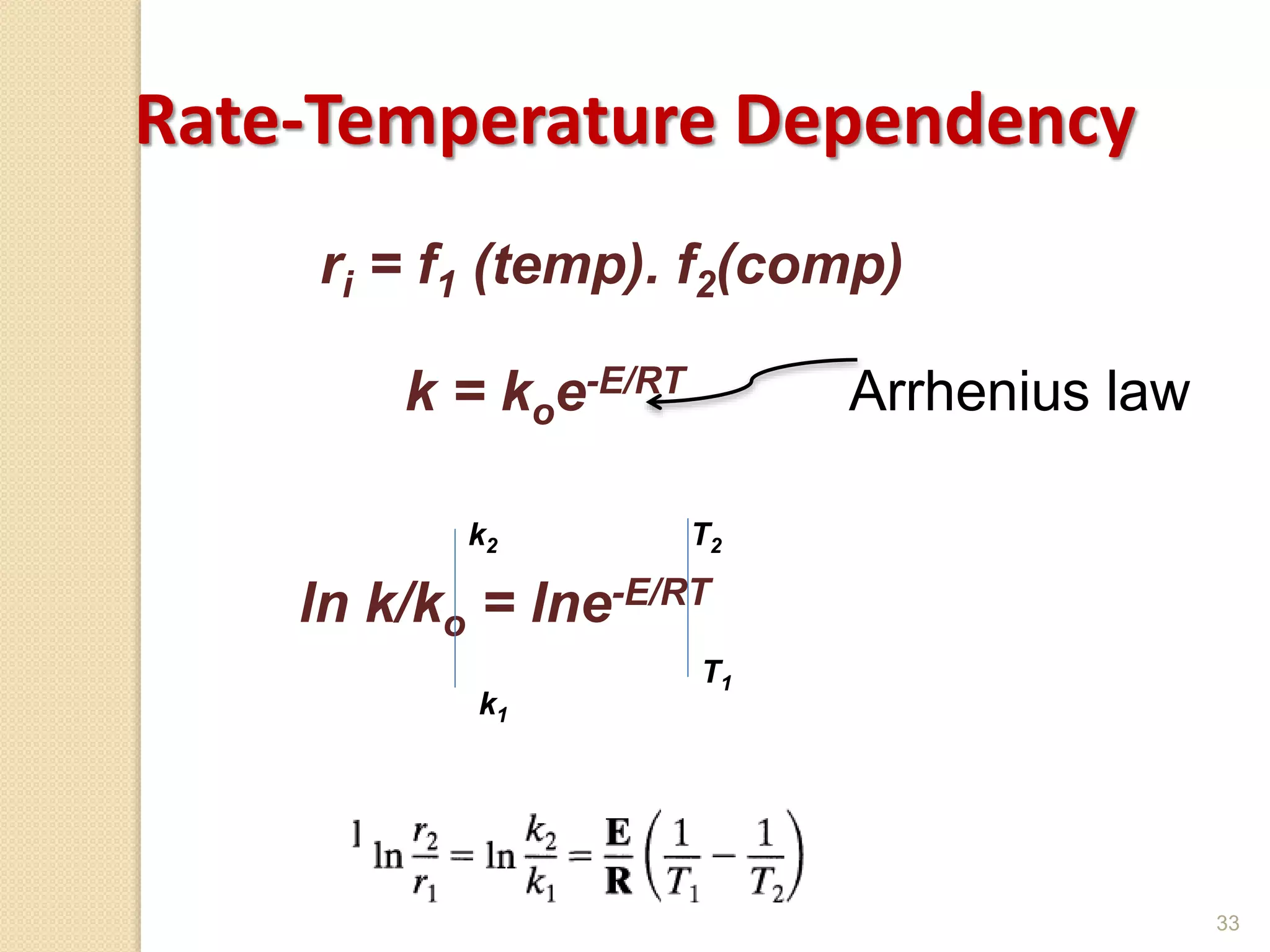 33
Rate-Temperature Dependency
ri = f1 (temp). f2(comp)
k = koe-E/RT
ln k/ko = lne-E/RT
k1
k2
T1
T2
Arrhenius law
 