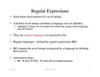 Regular Expressions
• Each token class consists of a set of strings.
• A distinct set of strings constitute a language over an alphabet .
– Alphabet: A finite set of symbols by which the strings of the language
may be formed
• They are regular languages (recognized by FA)
• Regular languages – defined by regular expressions (RE)
• RE’s denote the set of strings recognized by a language by defining
their pattern
• Automation steps:
– RE NFA DFA Table-Driven Implementation
8-Jan-15 4CS 346 Lecture 3
 