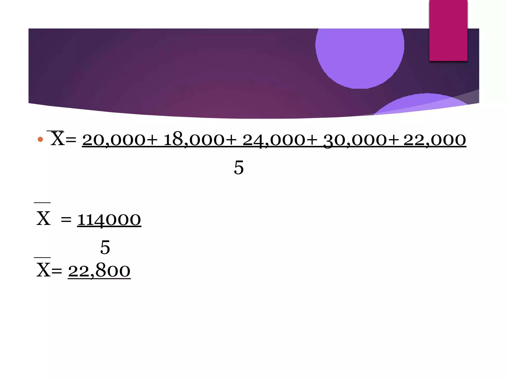• X= 20,000+ 18,000+ 24,000+ 30,000+22,000
5
X = 114000
5
X= 22,800
 