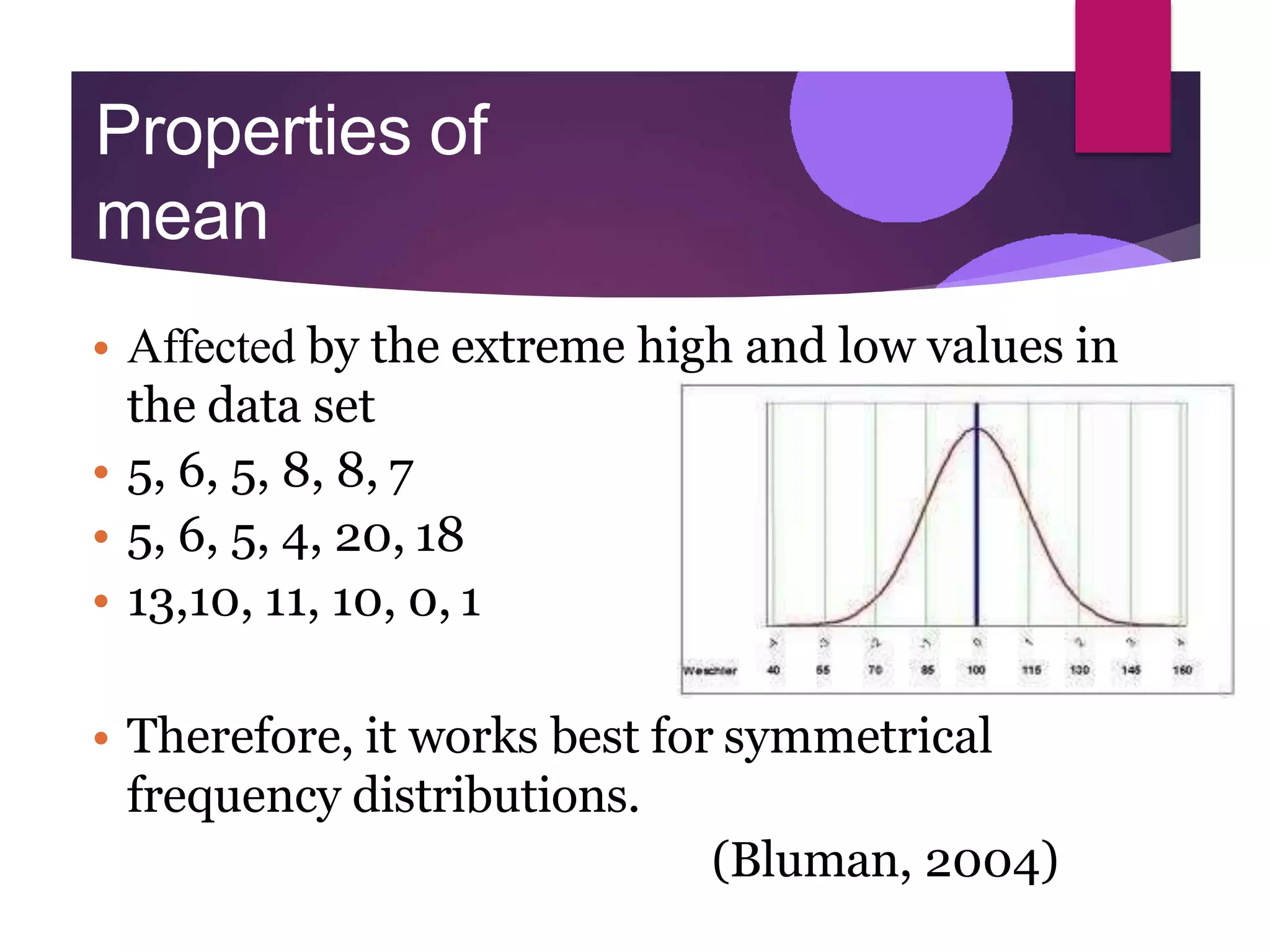 Properties of
mean
• Affected by the extreme high and low values in
the data set
• 5, 6, 5, 8, 8, 7
• 5, 6, 5, 4, 20, 18
• 13,10, 11, 10, 0, 1
• Therefore, it works best for symmetrical
frequency distributions.
(Bluman, 2004)
 