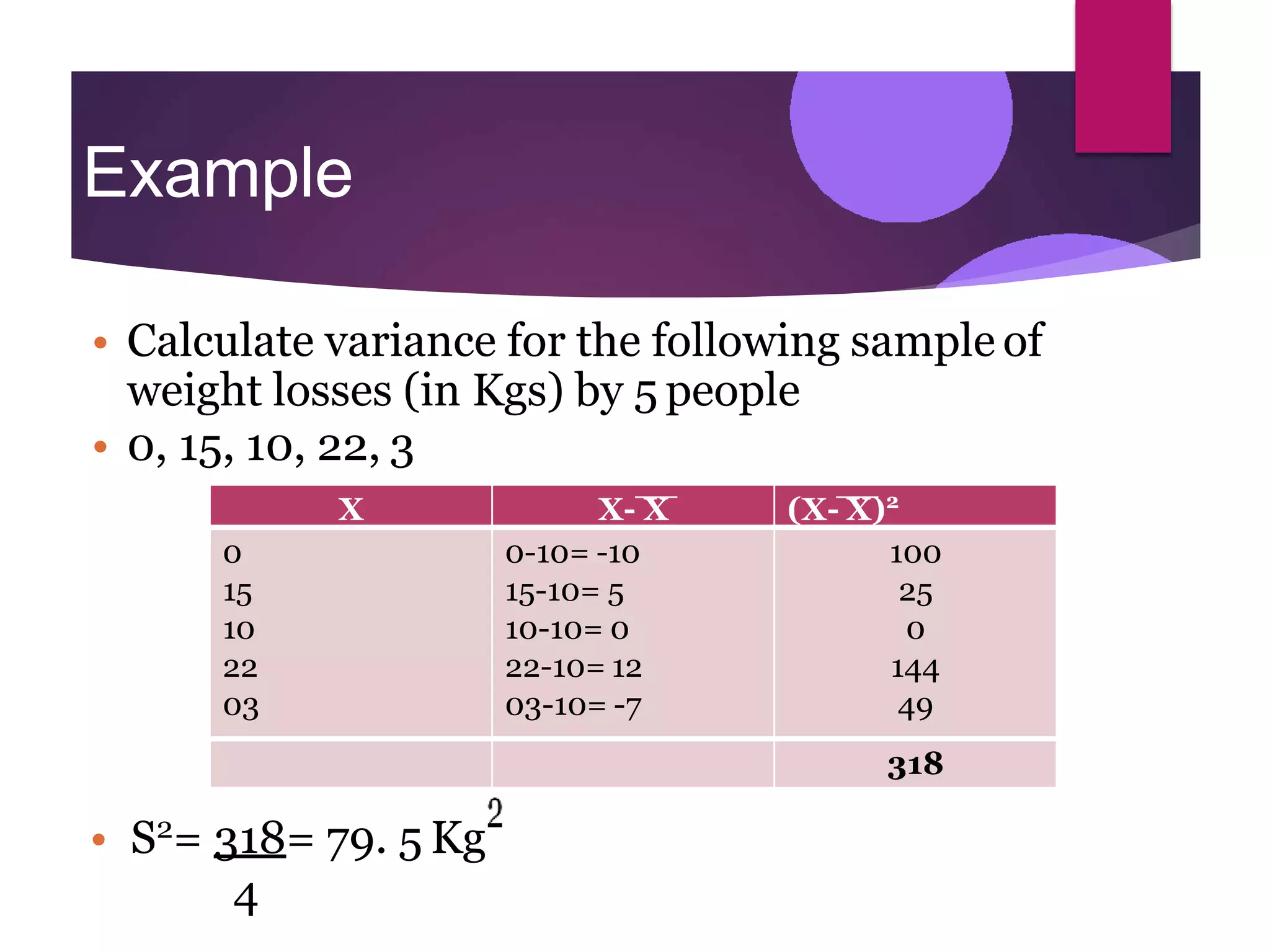 Example
• Calculate variance for the following sample of
weight losses (in Kgs) by 5 people
• 0, 15, 10, 22, 3
• S2
= 318= 79. 5 Kg
4
X X- X (X- X)2
0
15
10
22
03
0-10= -10
15-10= 5
10-10= 0
22-10= 12
03-10= -7
100
25
0
144
49
318
 