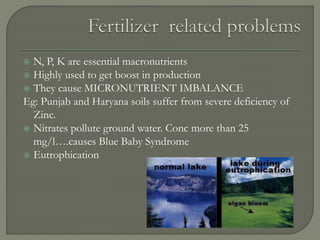  N, P, K are essential macronutrients
 Highly used to get boost in production
 They cause MICRONUTRIENT IMBALANCE
Eg: Punjab and Haryana soils suffer from severe deficiency of
Zinc.
 Nitrates pollute ground water. Conc more than 25
mg/l….causes Blue Baby Syndrome
 Eutrophication
 