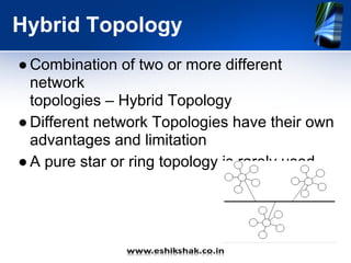 Hybrid Topology
● Combination of two or more different
  network
  topologies – Hybrid Topology
● Different network Topologies have their own
  advantages and limitation
● A pure star or ring topology is rarely used
 